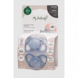 Set 2 Suzete MyButterfly din silicon,forma anatomica,simetrica,tetina ortodontica flexibila,cu cutie de transport si sterilizare,0 - 6 luni,nip first