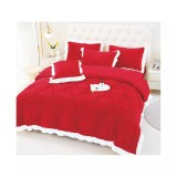Cumpara ieftin Lenjerie de Pat din Catifea, pentru Pat Dublu, 4 Piese, Rosu cu Margine Alba - FR143
