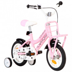 vidaXL Bicicleta copii cu suport frontal, alb ?i roz, 12 inci foto