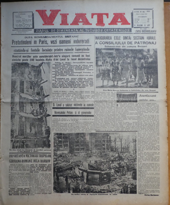 Viata, ziarul de dimineata; dir, : Rebreanu, 2 Iunie 1942, frontul din rasarit