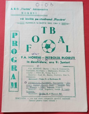 Program meci fotbal F.A. MORENI - PETROLUL PLOIESTI (14.03.1982) foto
