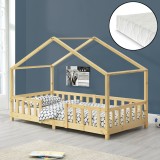 Pat copii Treviolo H90 cu saltea culoarea lemnului [en.casa] HausGarden Leisure