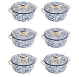 Set format din 6 boluri de servit din ceramica cu manere si capac pentru supa, Alb-albastru, 600 ml, Oem
