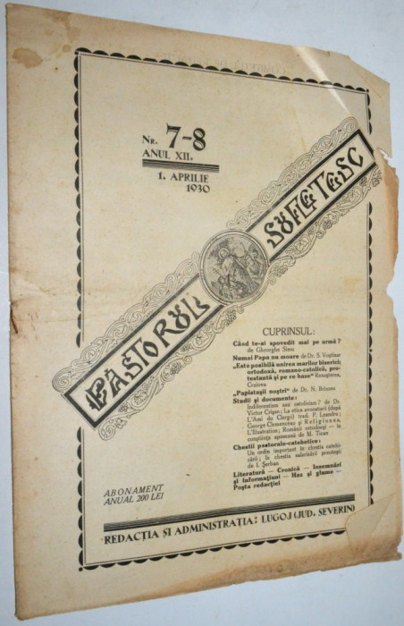 Revista teologica Pastorul sufletesc NR. 7- 8 , Lugoj 1930