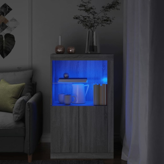 Dulap lateral cu lumini LED, gri sonoma, lemn prelucrat