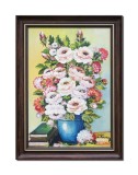 Cumpara ieftin Tablou inramat vaza cu trandafiri si carti, 60x45cm pictat manual ulei panza, rama din lemn