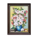 Tablou inramat vaza cu trandafiri si carti, 60x45cm pictat manual ulei panza, rama din lemn