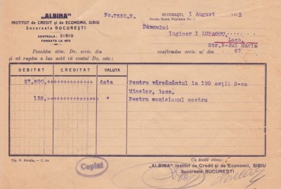 1923 Institutul Credit ALBINA Sibiu - Dovada cumparare actiuni la Banca Minelor foto