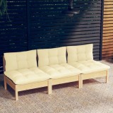 VidaXL Canapea de grădină cu 3 locuri, cu perne crem, lemn masiv pin 3096076