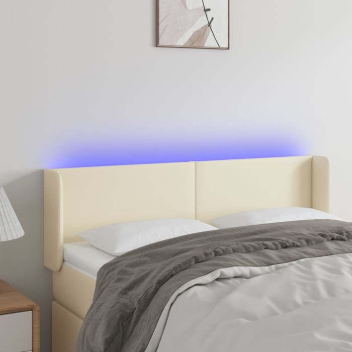 vidaXL Tăblie de pat cu LED, crem, 147x16x78/88 cm, piele ecologică 3123048