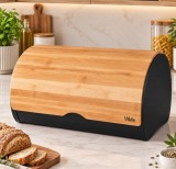 Cutie de p&acirc;ine din bambus și oțel Vilde - capac rabatabil, design modern, Negru/Natur, 38 x 24 x 20 cm