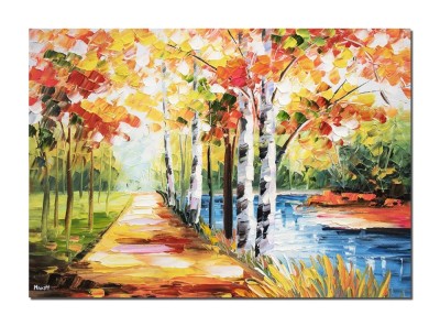 Tablou pictat manual, Aleea cu mesteceni, 70x50cm ulei pe panza in relief efect 3D foto