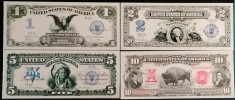 SUA SET 4 BANCNOTE 1,2,5 DOLARI 1899 &amp; 10 DOLARI 1901 (REPLICI / REPRODUCERi / SUVENIR / DECORATIVE) POLIMER (PLASTIC) PLACATE CU ARGINT 999&permil;