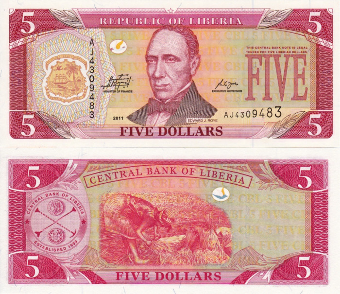 LIBERIA 5 dollars 2011 UNC!!!
