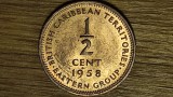Caraibe / Statele Est-Caraibiene -moneda exotica bronz- 1/2 half cent 1958 AU - Elisabeta II - foarte greu de gasit ! tiraj 200k