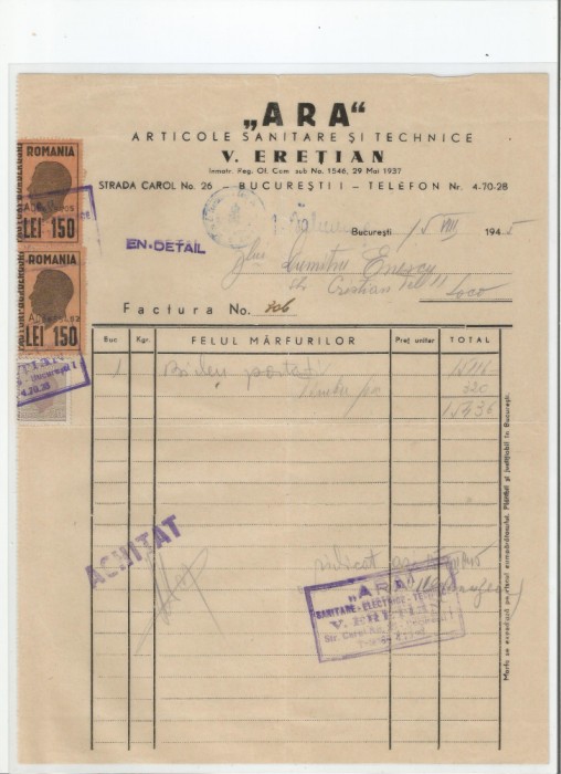 Romania, &quot;ARA&quot;, Articole sanitare si technice, Factura, Bucuresti, 1945