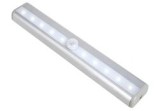 Lampă LED, senzor de mișcare, 10 LED-uri, autoadeziv, alimentare baterii, plastic, alb, 19x3 cm