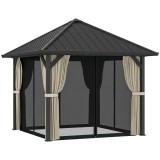 Outsunny Pavilion cu acoperiș solid 3 x 3 m, pavilion de grădină cu acoperiș metalic, cort de grădină impermeabil cu plasă și pereți laterali, Gri &icirc;nc
