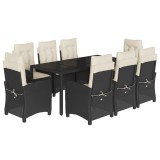 Set mobilier de gradina cu perne, 9 piese, negru, poliratan