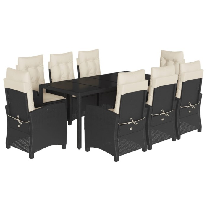 Set mobilier de gradina cu perne, 9 piese, negru, poliratan
