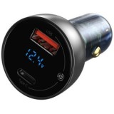 Incarcator auto Baseus Particular Digital Display QC+PPS, 1xUSB Output 4.5V/5A,1xUSB Type-C Output 5V/3A,output 65W,pt bricheta auto,afisaj dig,argint