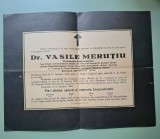 Anunt Funerar (necrolog) ptr Dr.Vasile Merutiu prof Universitar fost decan al facultății de științe din Cluj fost deputat și senator anul 1943
