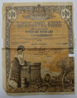 IMPRUMUTUL UNIRII - TITLU DE 500 LEI , GRAFICA de PICTORUL BASSARAB , 1919 foto