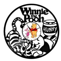 Ceas de perete decorativ realizat din disc de vinil, Model Winnie the Pooh Disney, Tigger, Piglet, Borcan Miere, Cadran Foto, Negru, 30 cm