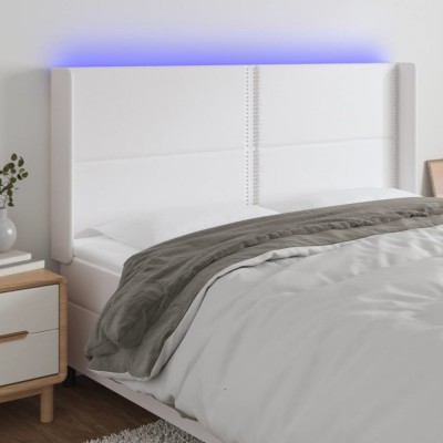 vidaXL Tăblie de pat cu LED, alb, 163x16x118/128 cm, piele ecologică foto