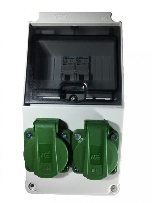 Panou electric din plastic echipat cu 2 prize monofazice schuko 16A 210x110x112mm IP44 organizare de santier fara legaturi ( fara fire)