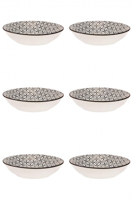 Set farfurii 6 piese din Portelan pentru Supa, Bej cu Model Negru, diametru 20 cm foto