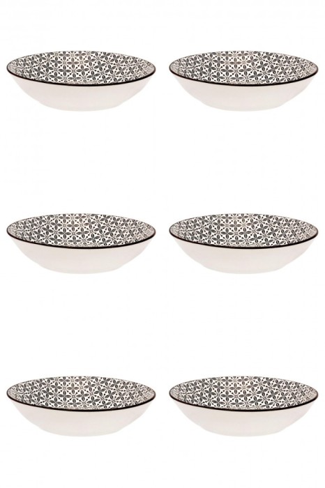 Set farfurii 6 piese din Portelan pentru Supa, Bej cu Model Negru, diametru 20 cm