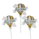 Set 3 toppere pentru tort, flippy, model balon cu aer cald happy birthday, tematica aniversare, albastru