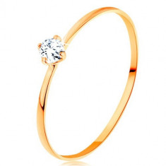 Inel cu diamant din aur galben de 14K - braţe subţiri, diamant rotund şi transparent - Marime inel: 55