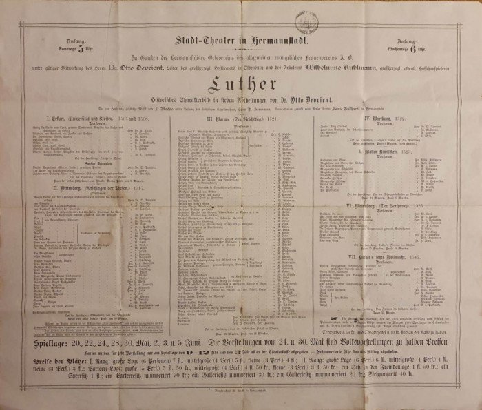 HST A1867 Afiș 1888 Teatrul orășenesc Sibiu piesa Luther de Otto Devrient