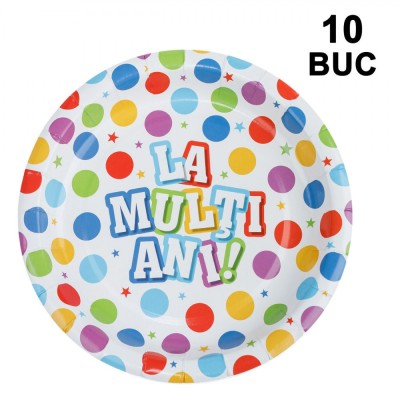 Set Farfurii Carton, 10 Bucăți, Multicolor, Diametru 23cm, Imprimeu &amp;quot;La Mulți Ani&amp;quot; foto