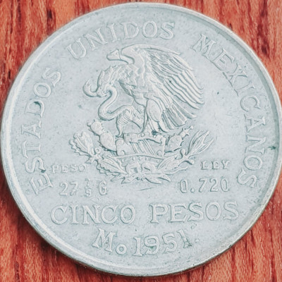 818 Mexic 5 Pesos 1951 km 467 argint foto