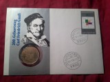 Plic Aniversar RFG - 200 Ani C.F.Gauss cu moneda argint 1977 , stampile speciale