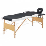 VidaXL Masă pliabilă de masaj, 2 zone, negru și alb, lemn