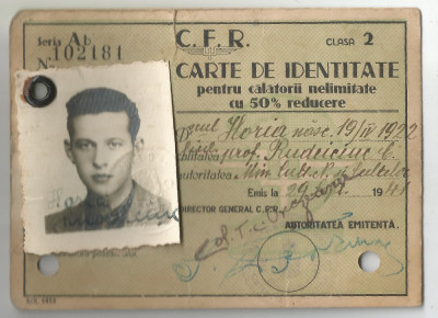 *Romania, Carte de identitate pentru calatorii CFR, 1941 foto