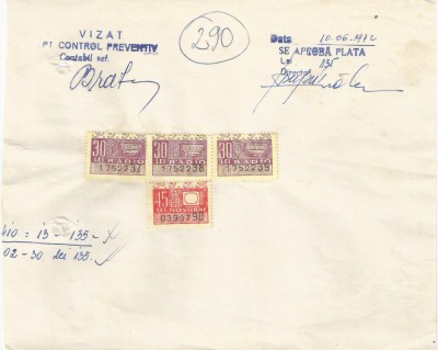 Romania, document cu timbre fiscale radio-tv, 1972 foto