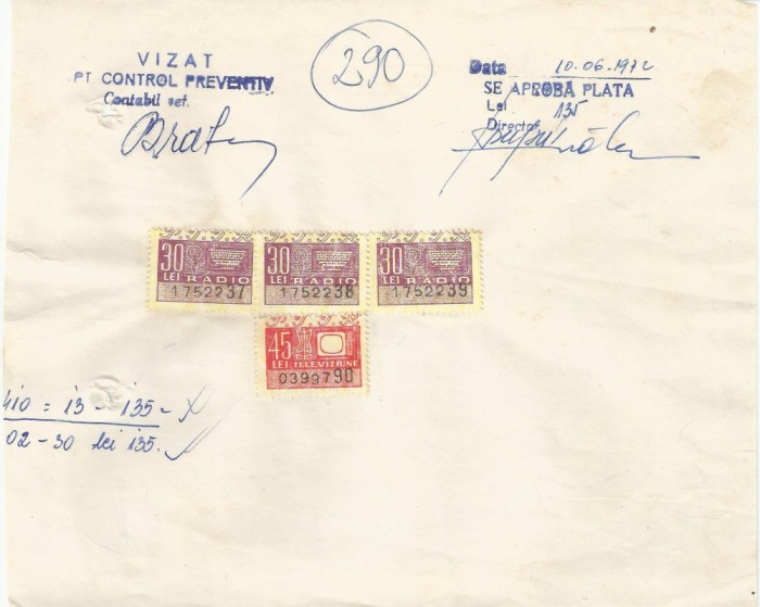 Romania, document cu timbre fiscale radio-tv, 1972