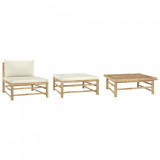 Set mobilier de grădină, cu perne alb crem, 3 piese, bambus, vidaXL