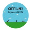 Insigna rotunda OFFLINE Enjoying Real Life, 58 mm, model mesaj motivational, sistem prindere cu ac metalic
