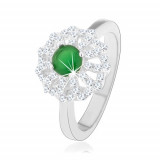 Inel realizat din argint 925, floare cu contururi de petale transparente, centru din zirconiu verde - Marime inel: 54