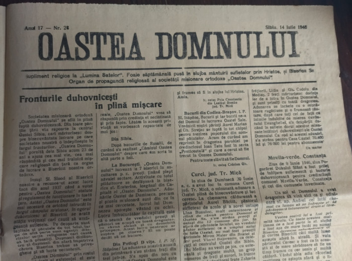 OASTEA DOMNULUI/SUPLIMENT RELIGIOS LA LUMINA SATELOR/SIBIU 14 IULIE 1946/2+2 pag