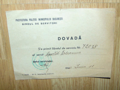 DOVADA -PREFECTURA POLITIEI MUN.BUCURESTI -BIROUL DE SERVITORI ANUL 1940 foto
