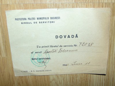 DOVADA -PREFECTURA POLITIEI MUN.BUCURESTI -BIROUL DE SERVITORI ANUL 1940 foto