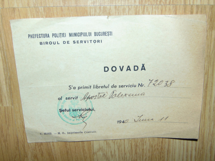 DOVADA -PREFECTURA POLITIEI MUN.BUCURESTI -BIROUL DE SERVITORI ANUL 1940