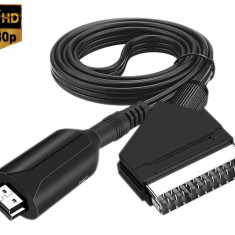 Cablu Scart la HDMI, Active, 1m, Full HD, convertor euroscart analog la hdmi digital cu mufa video si sunet audio tata, adaptor cablu alimentare USB 5